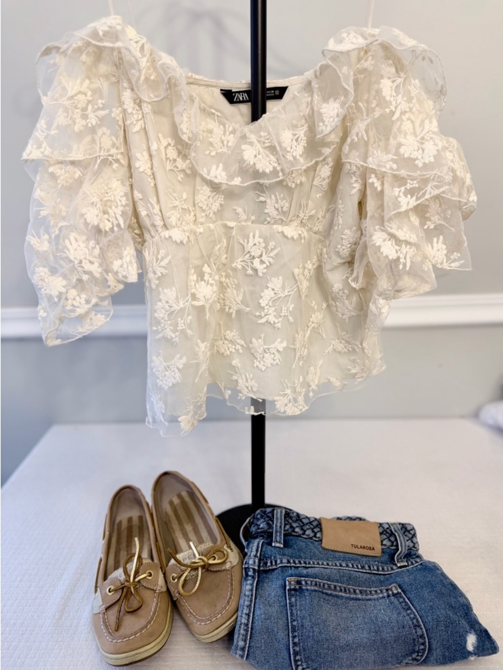 Zara White Embroidered Lace Crop Top Off Shoulder Coastal Cowgirl Sheer Blouse L